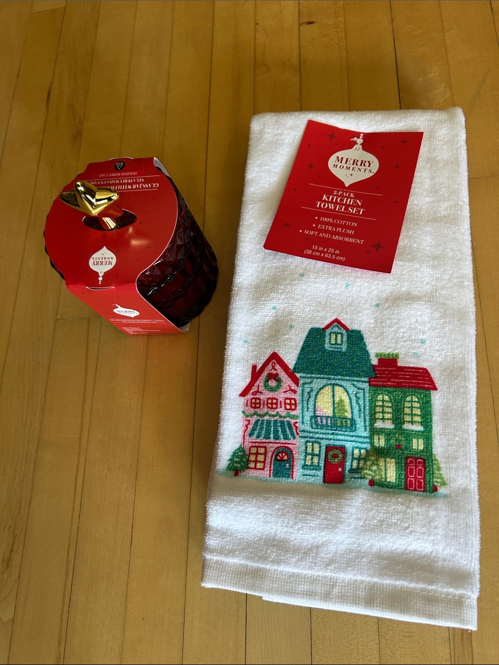 White Holiday Kitchen Towel with Festive House Design